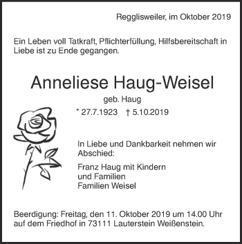 Traueranzeige von Anneliese Haug-Weisel von Illertal Bote