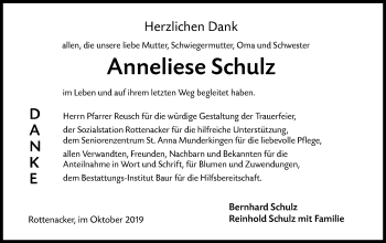 Traueranzeige von Anneliese Schulz von Ehinger Tagblatt