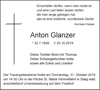 Traueranzeige von Anton Glanzer von SÜDWEST PRESSE Ausgabe Ulm/Neu-Ulm