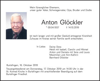 Traueranzeige von Anton Glöckler von SÜDWEST PRESSE Ausgabe Ulm/Neu-Ulm