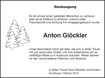 Traueranzeige von Anton Glöckler von SÜDWEST PRESSE Ausgabe Ulm/Neu-Ulm