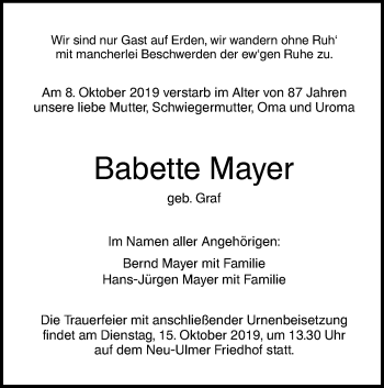 Traueranzeige von Babette Mayer von SÜDWEST PRESSE Ausgabe Ulm/Neu-Ulm