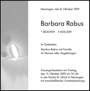 Traueranzeige von Barbara Rabus von SÜDWEST PRESSE Ausgabe Ulm/Neu-Ulm