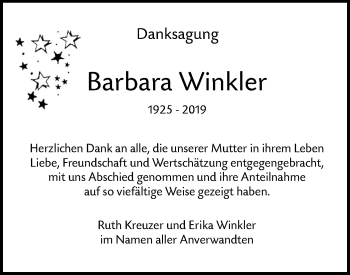 Traueranzeige von Barbara Winkler von SÜDWEST PRESSE Ausgabe Ulm/Neu-Ulm