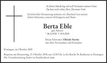 Traueranzeige von Berta Eble von SÜDWEST PRESSE Ausgabe Ulm/Neu-Ulm