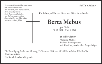 Traueranzeige von Berta Mebus von Hohenloher Tagblatt