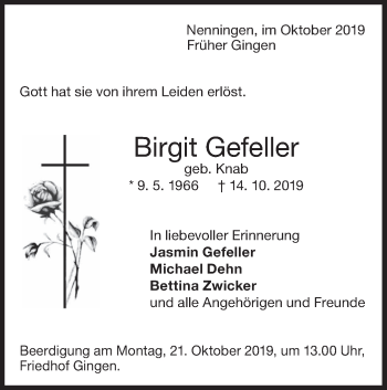 Traueranzeige von Birgit Gefeller von NWZ Neue Württembergische Zeitung/Geislinger Zeitung