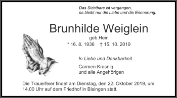 Traueranzeige von Brunhilde Weiglein von Hohenzollerische Zeitung