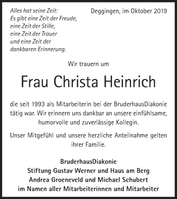 Traueranzeige von Christa Heinrich von Geislinger Zeitung