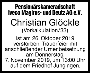 Traueranzeige von Christian Glöckle von SÜDWEST PRESSE Ausgabe Ulm/Neu-Ulm