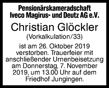 Traueranzeige von Christian Glöckler von SÜDWEST PRESSE Ausgabe Ulm/Neu-Ulm