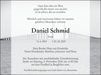 Traueranzeige von Daniel Schmid von SÜDWEST PRESSE Ausgabe Ulm/Neu-Ulm