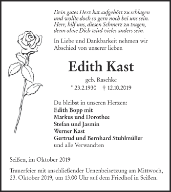 Traueranzeige von Edith Kast von SÜDWEST PRESSE Ausgabe Ulm/Neu-Ulm