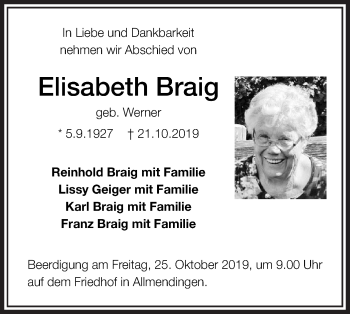 Traueranzeige von Elisabeth Braig von Ehinger Tagblatt