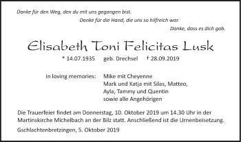 Traueranzeige von Elisabeth Toni Felicitas Lusk von Haller Tagblatt