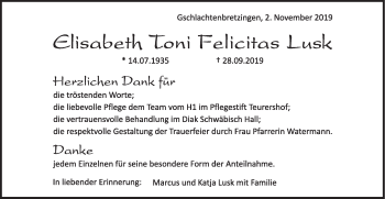 Traueranzeige von Elisabeth Toni Felicitas Lusk von Haller Tagblatt