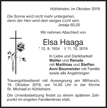 Traueranzeige von Elsa Haaga von SÜDWEST PRESSE Ausgabe Ulm/Neu-Ulm