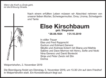 Traueranzeige von Else Kirschbaum von Hohenloher Tagblatt