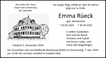 Traueranzeige von Emma Rüeck von Haller Tagblatt