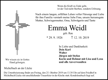 Traueranzeige von Emma Weidl von Hohenloher Tagblatt