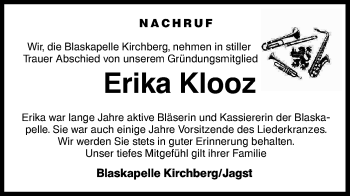 Traueranzeige von Erika Klooz von Hohenloher Tagblatt