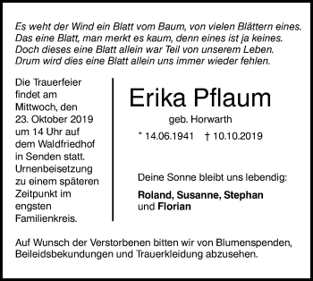 Traueranzeige von Erika Pflaum von SÜDWEST PRESSE Ausgabe Ulm/Neu-Ulm