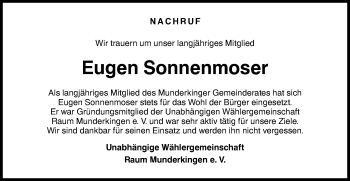 Traueranzeige von Eugen Sonnenmoser von Ehinger Tagblatt