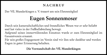 Traueranzeige von Eugen Sonnenmoser von Ehinger Tagblatt