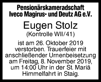 Traueranzeige von Eugen Stolz von SÜDWEST PRESSE Ausgabe Ulm/Neu-Ulm