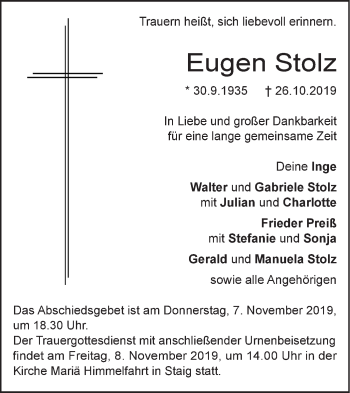 Traueranzeige von Eugen Stolz von SÜDWEST PRESSE Ausgabe Ulm/Neu-Ulm