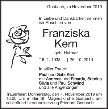 Traueranzeige von Franziska Kern von Geislinger Zeitung