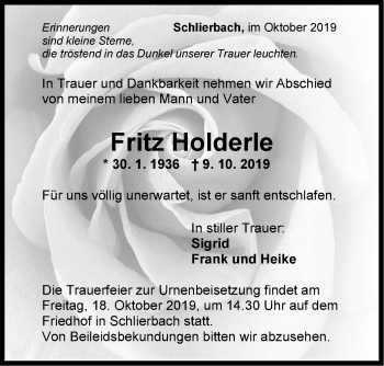 Traueranzeige von Fritz Holderle von NWZ Neue Württembergische Zeitung