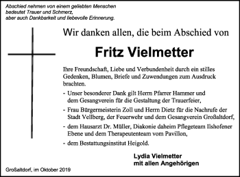 Traueranzeige von Fritz Vielmetter von Haller Tagblatt