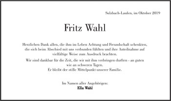 Traueranzeige von Fritz Wahl von Haller Tagblatt