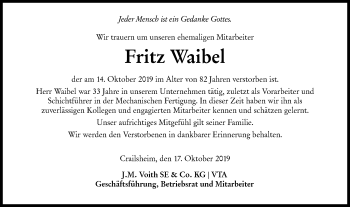 Traueranzeige von Fritz Waibel von Hohenloher Tagblatt