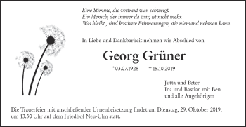 Traueranzeige von Georg Grüner von SÜDWEST PRESSE Ausgabe Ulm/Neu-Ulm