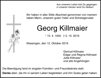 Traueranzeige von Georg Killmaier von Hohenzollerische Zeitung