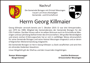 Traueranzeige von Georg Killmaier von Hohenzollerische Zeitung