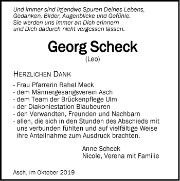 Traueranzeige von Georg Scheck von SÜDWEST PRESSE Ausgabe Ulm/Neu-Ulm