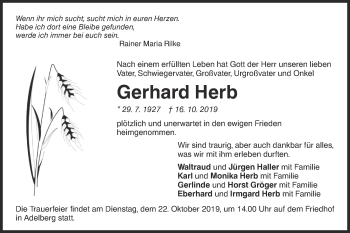 Traueranzeige von Gerhard Herb von NWZ Neue Württembergische Zeitung