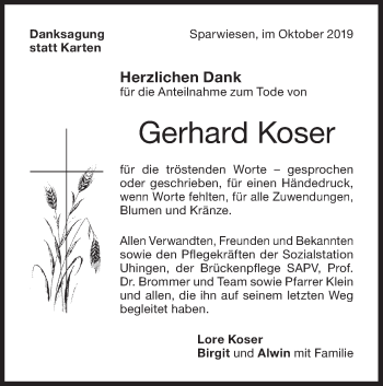 Traueranzeige von Gerhard Koser von NWZ Neue Württembergische Zeitung