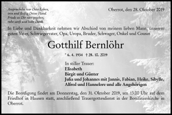 Traueranzeige von Gotthilf Bernlöhr von Rundschau Gaildorf