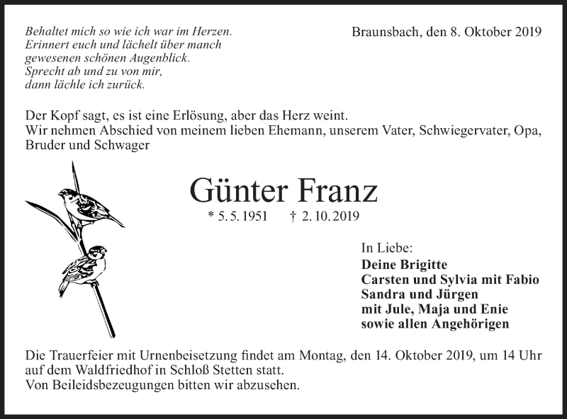  Traueranzeige für Günter Franz vom 08.10.2019 aus Haller Tagblatt