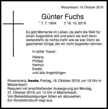 Traueranzeige von Günter Fuchs von Hohenloher Tagblatt