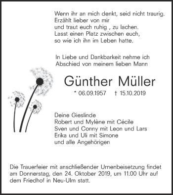 Traueranzeige von Günther Müller von SÜDWEST PRESSE Ausgabe Ulm/Neu-Ulm