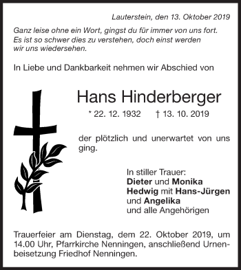 Traueranzeige von Hans Hinderberger von NWZ Neue Württembergische Zeitung