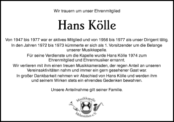 Traueranzeige von Hans Kölle von Alb-Bote/Metzinger-Uracher Volksblatt