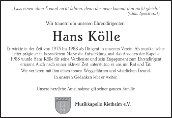 Traueranzeige von Hans Kölle von Alb-Bote/Metzinger-Uracher Volksblatt