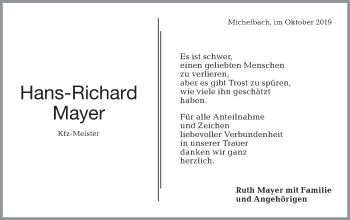 Traueranzeige von Hans-Richard Mayer von Haller Tagblatt