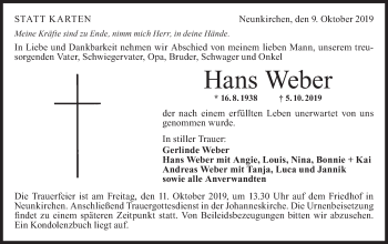 Traueranzeige von Hans Weber von Haller Tagblatt